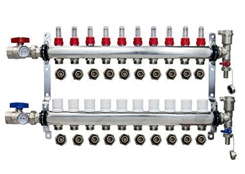 10-Branch PEX Manifold Radiant Floor Heating Set Stainless Steel w 1/2" Connectors by PlumbingPexSouth
