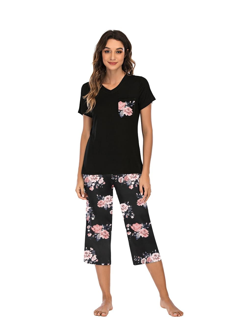 Pajamas Women Cotton Comfy Pajamas, Ladies Pyjamas Set Floral Printing Short Sleeve Loungewear Top and Wide Leg Pants Cropped Trousers Soft Nightwear Sleepwear S-XXL