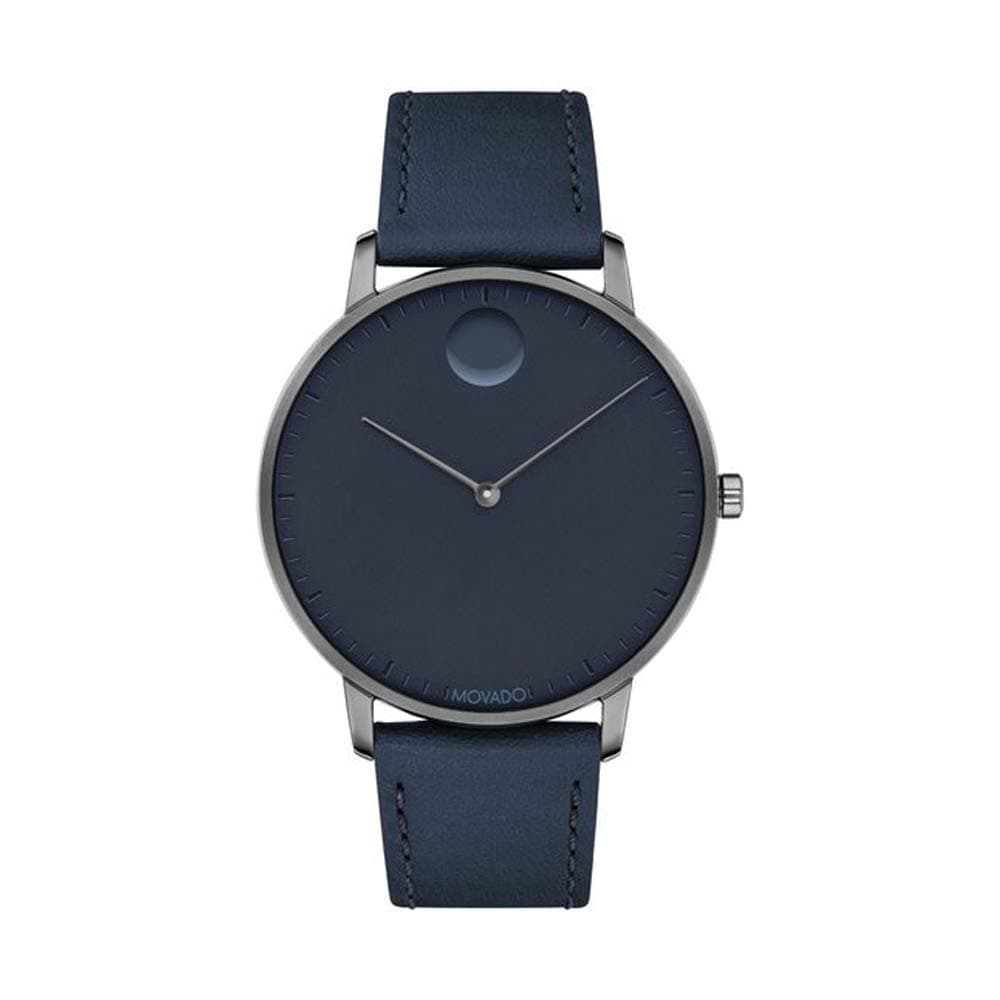 Movado FACE, Grey Ion-Plated Stainless Steel Case, Navy Dial, Navy Leather Strap, Men, 3640004