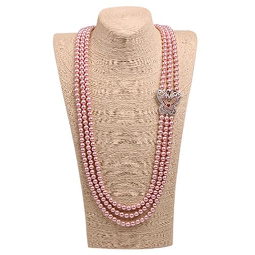 ART KIM Diamond Carving Hollow Butterfly Costume Pearl Strands Necklaces (Pink)