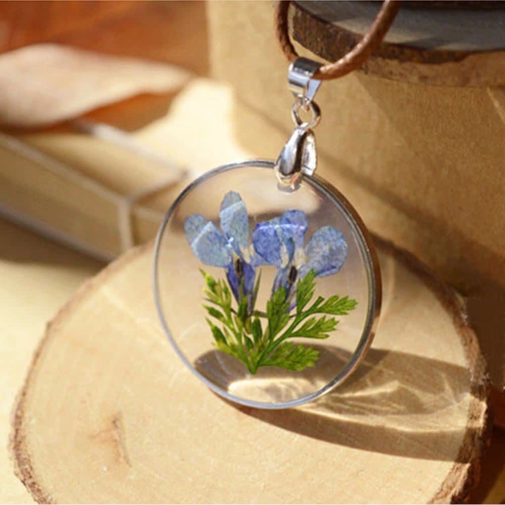 Phonphisai shop Round Glass Charms Pendant Real Dried Pressed Flower Necklace Romantic