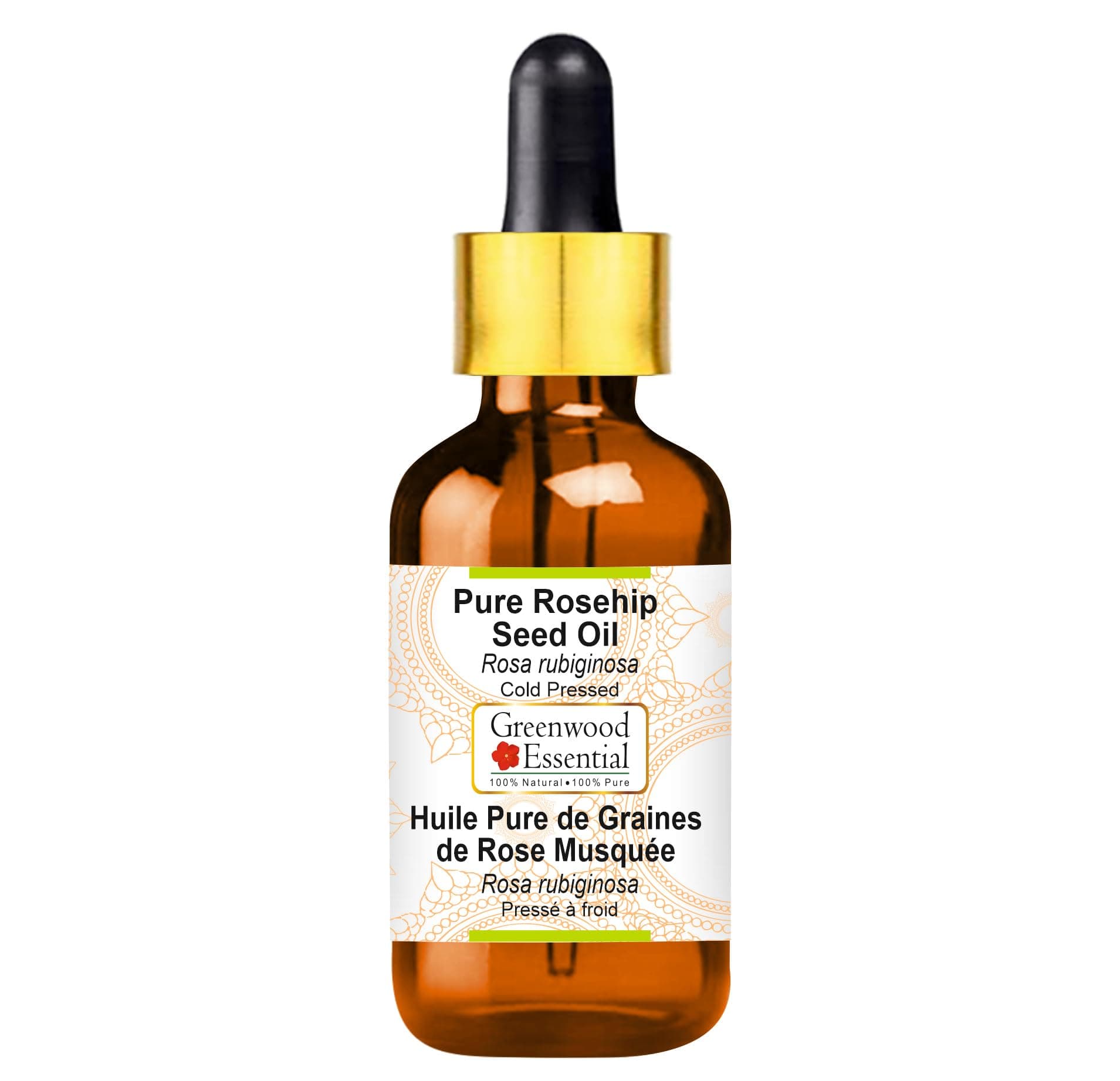 Greenwood Essential Pure Rosehip Seed Oil (Rosa rubiginosa) with Glass Dropper Cold Pressed Natural Therapeutic Grade 10ml (0.33 oz)