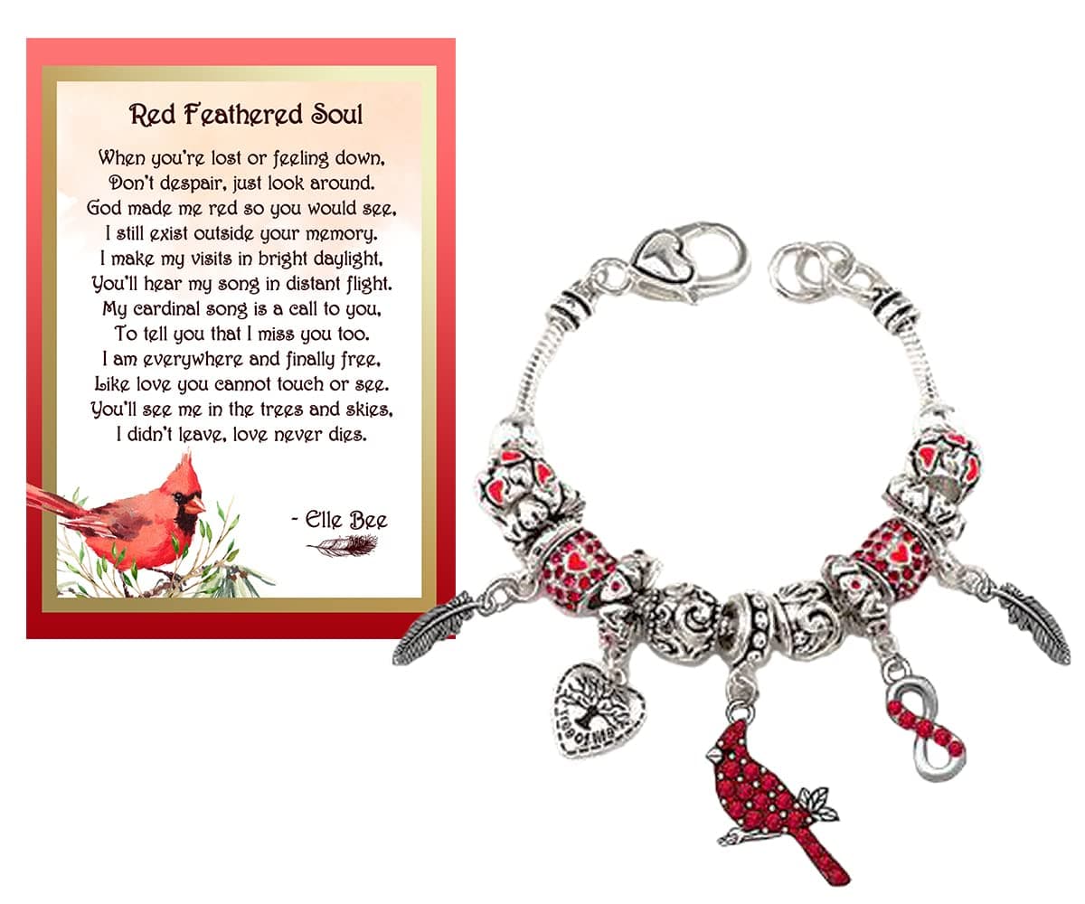 Lola Bella Gifts Crystal Cardinal Charm Bracelet Infinity Symbol with Red Feathered Soul Poem Card Box Sympathy Grief Memorial Gift