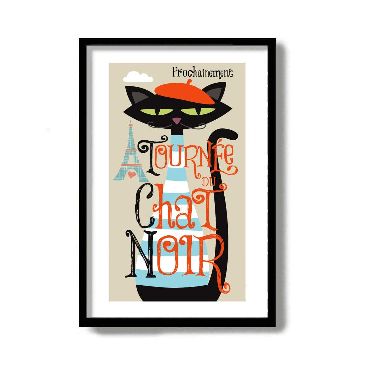 French Decor Mid Century Modern Wall Art Black Cat Art Decor Print Black Cat Gift Idea Cat Lover Gift Idea Eiffel Tower Le Chat Noir