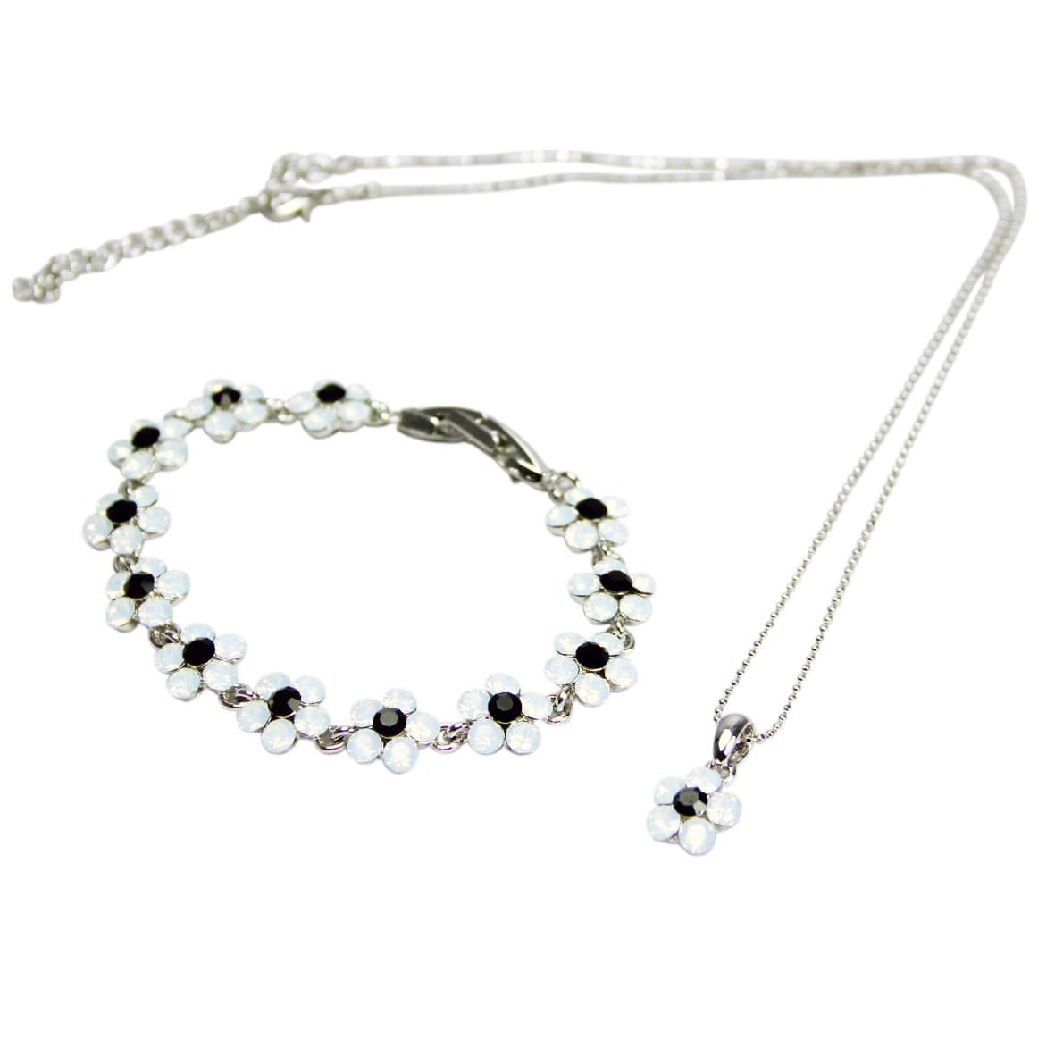White and Jet Opal Swarovski Crystal Flower Necklace and Bracelet, Rhodium Plated Silver Finish and Nickel Free Metal by Dance Jewellery