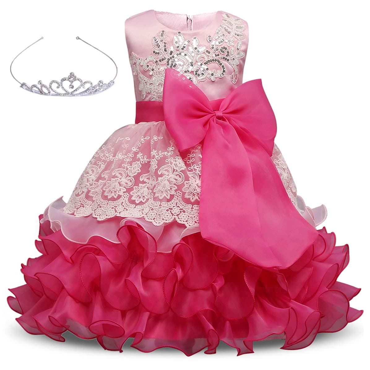 Girls Dress Bowknot Embroidered Princess Party Holiday Dresses With Accessories Age Of 5-6 Years(Rose)