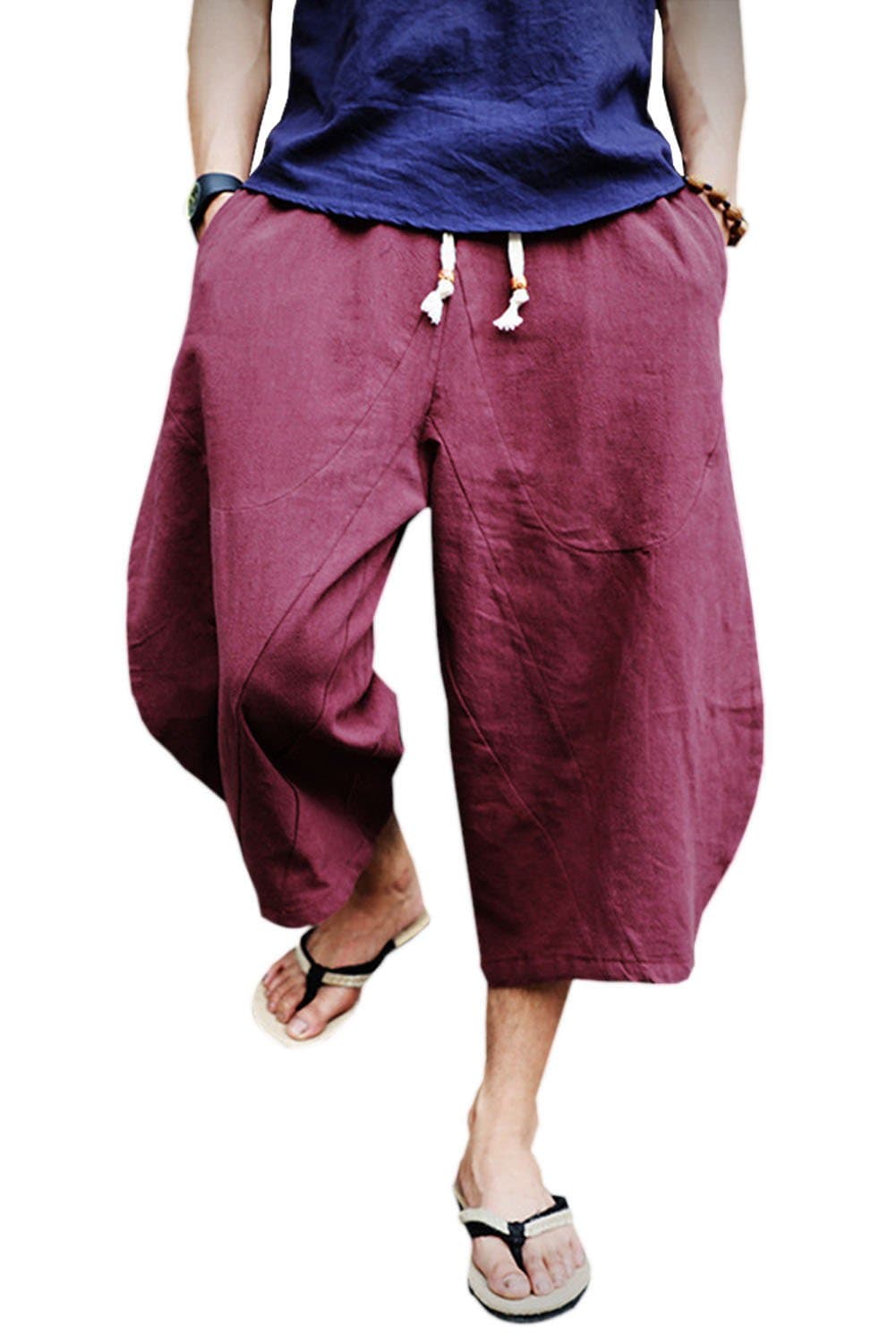 Mens Casual Baggy Cotton Linen Pocket Lounge Harem Pants Beach Long Shorts