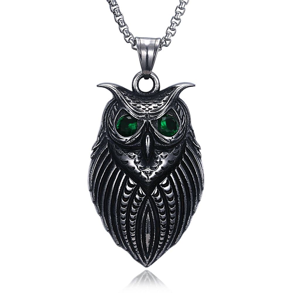 FILMA Men's Punk Night Owl Green Glass Eyes Black Silver Plated Long Chain Choker Chunky Pendant Necklace