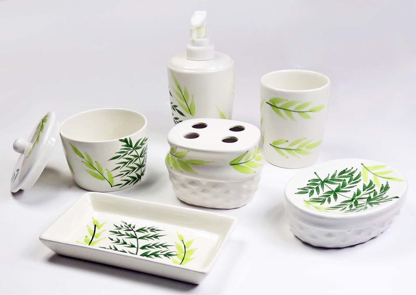 The Treasures Collection 6 Piece Hand Painted Bathroom Accessory Set (Soap Dish, Tumbler, Soap Dispenser, Cotton Ball Jar, Toothbrush Holder, Jewelry Tray)