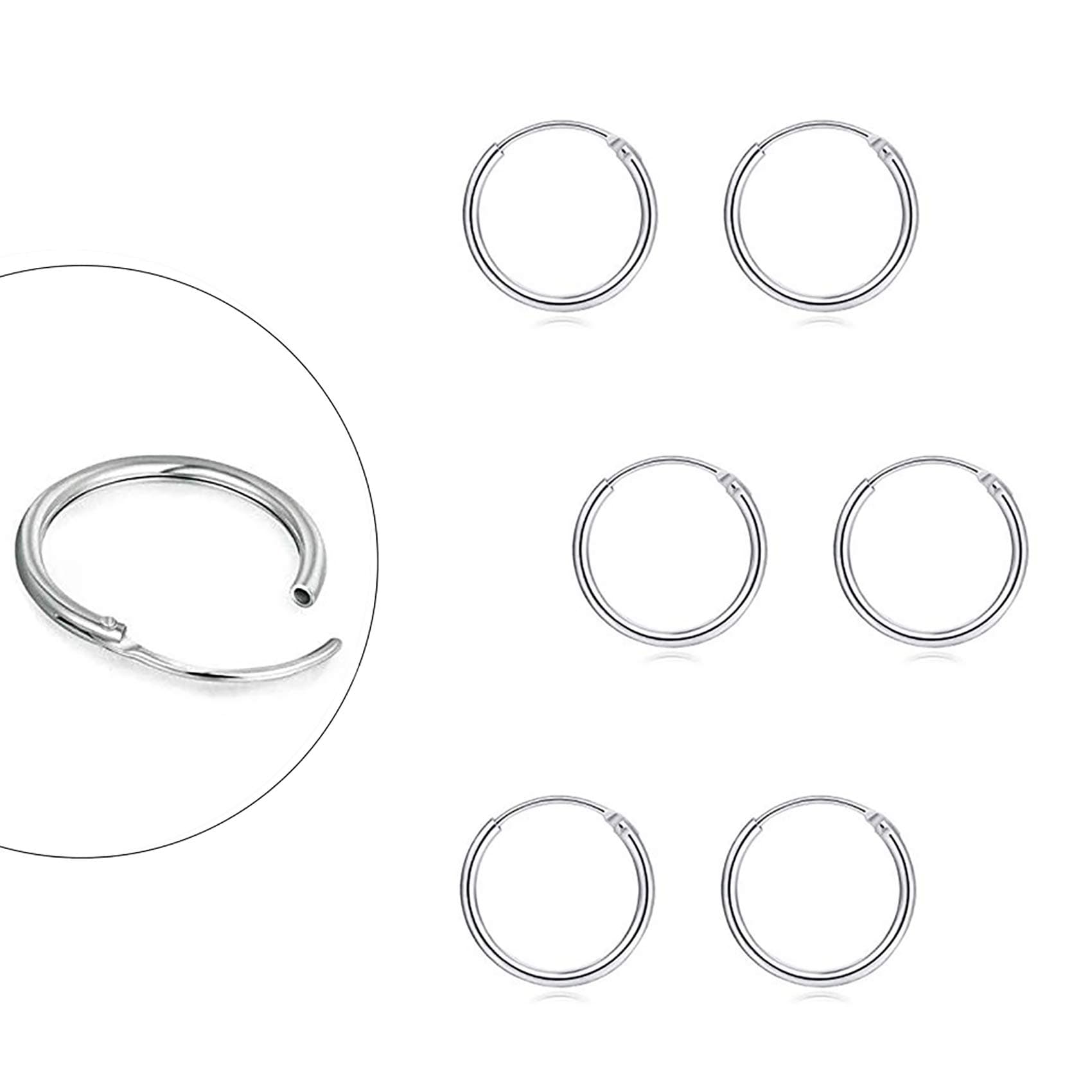 Sterling Silver Hoop Earrings for Women Men, Hypoallergenic Cartilage Earring Endless Small Hoop Earrings Set, 3 Pairs Tragus Earrings (8mm/10mm/12mm)