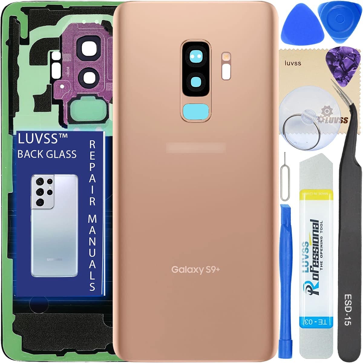 LUVSS Rear Glass for Samsung Galaxy S9+ Plus G965 Genuine Back Glass Panel Cover Case Housing Replacement + Camera Lens + Pre-assembled Adhesive + Tools Kit (Gold)
