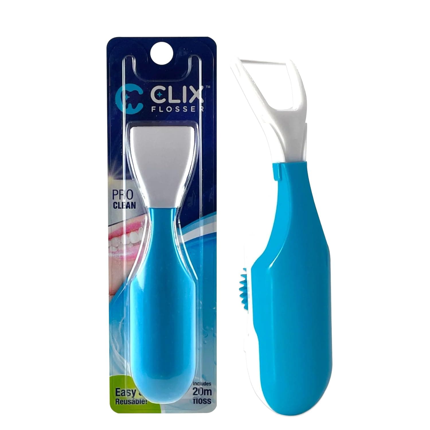 Clix Flosser - 自動デンタルフロッサー | 再利用可能 詰め替え可能 | 内部にフロスがプリロード済み | トラベルカバー | クリックして使えるソリューション 歯垢除去 歯の清潔 新鮮な息 (ライトブルー)