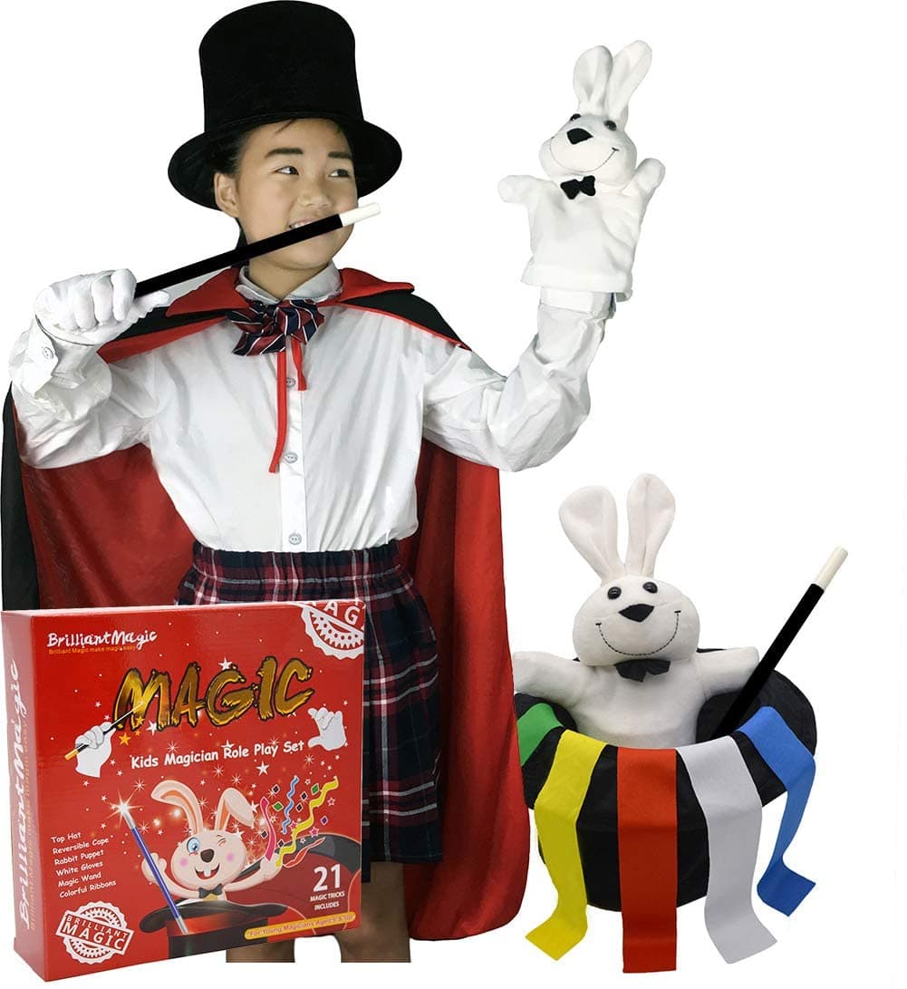 Kids Magician Role Play Set Contains Magic Top Hat Magic Wand Rabbit Puppet Color Ribbons Gloves(Model:BMM006) (S)