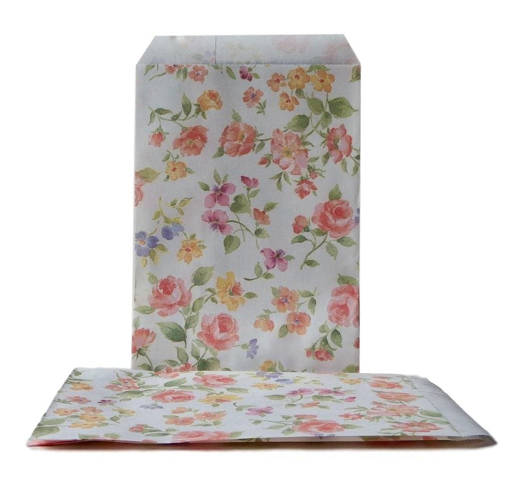Small Floral Flat Paper Bags, 25 Count Roma Bags, Non-Gusset, Wedding Favor Bags, Party Favors, Kraft Bags