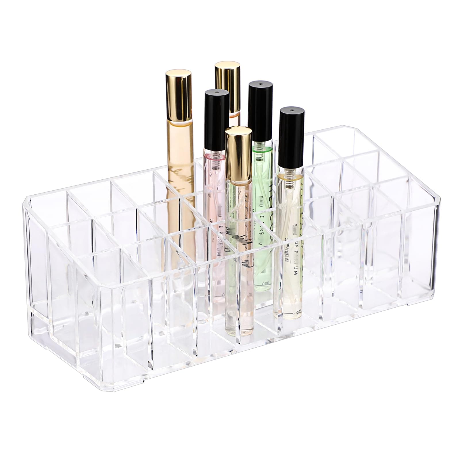 Rollerball Perfume Organizer Beauty Scent Holder 24 Space, Cosmetic Display Case, Organization Container Storage For Tall Scented Oils, Lipsticks, Transparent