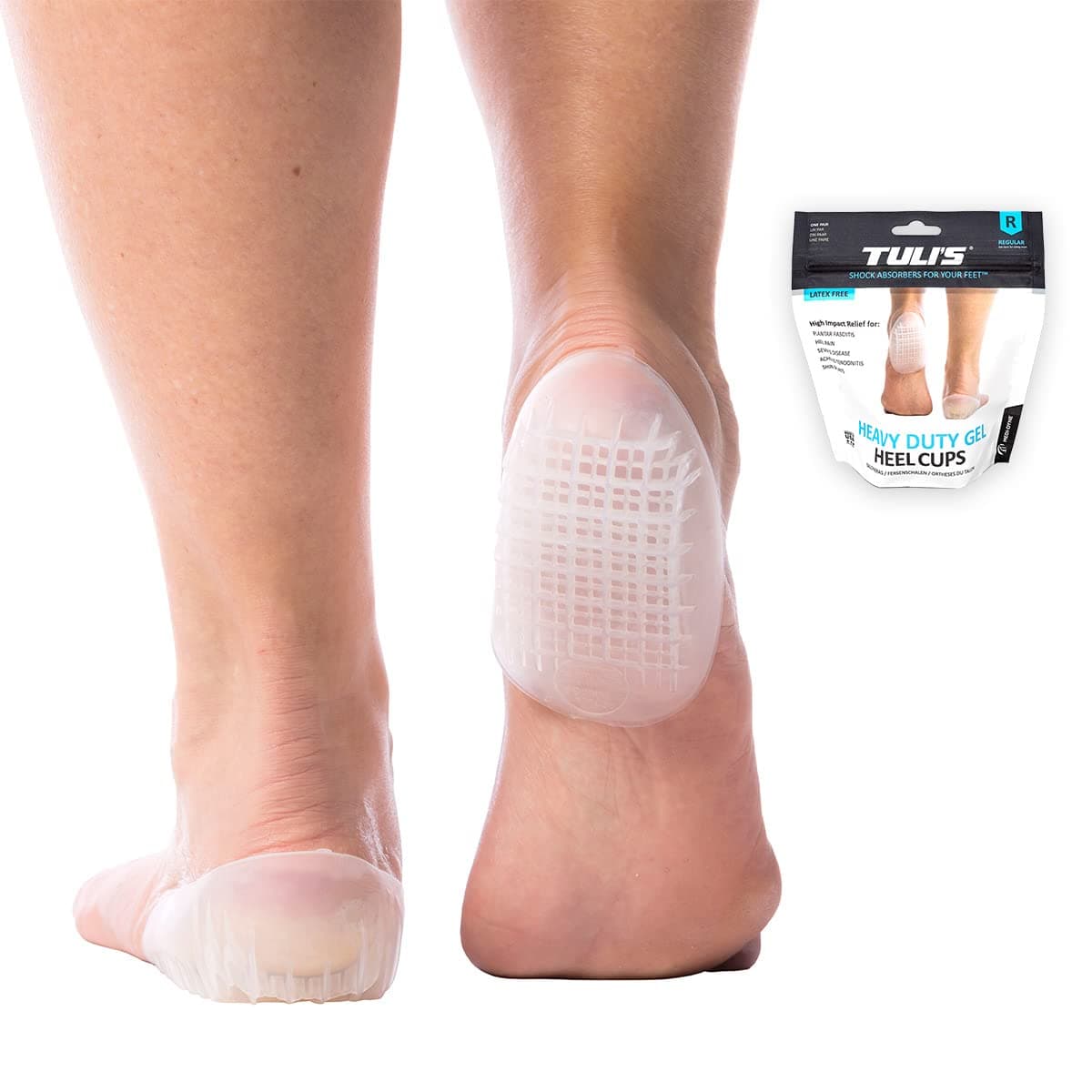 Tuli's Heavy Duty Gel Heel Cup, TuliGEL Shock Absorption Cushion Insert for Plantar Fasciitis, Sever's.