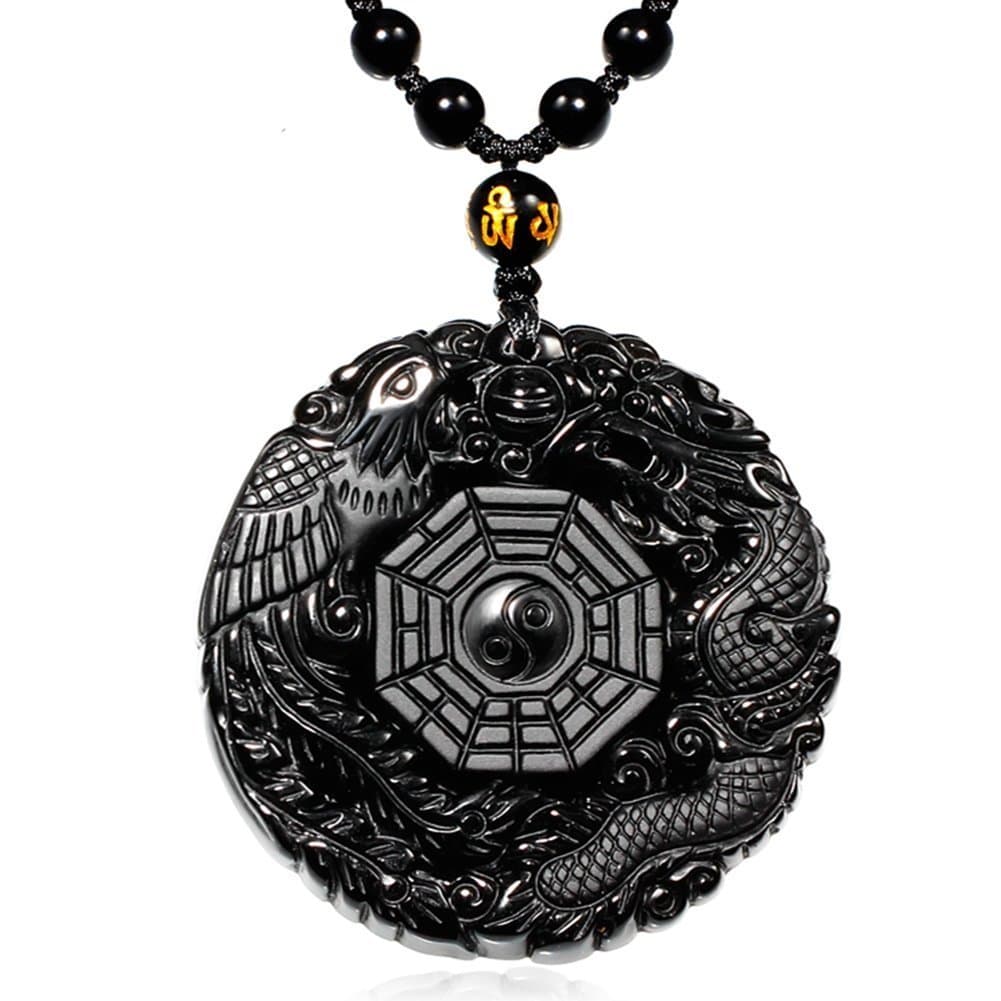 Black Dragon Obsidian Pendant Necklace, Dragon and Phoenix Natural Obsidian Crystal Pendant Necklace Pattern with extend Bead Chain for Men or Women, Black Elegant Round