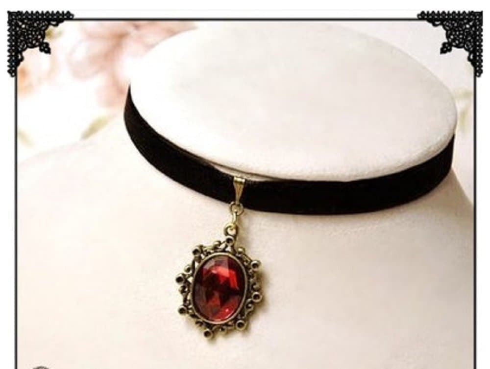 Blue Rhinestone Gothic Lolita Retro Vintage Ribbon Necklace Pendant Choker (Red 0180)