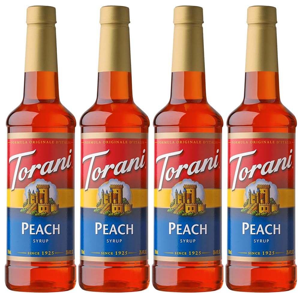 Torani Syrup, Peach Syrups for Iced Tea, Pack of 4 Peach Syrup for Cocktails, Pure Cane Sugar Syrup, Deliciously Flavoured Peach Syrup for Peach Drinks, Iced Tea and Cocktails, 4x750ml