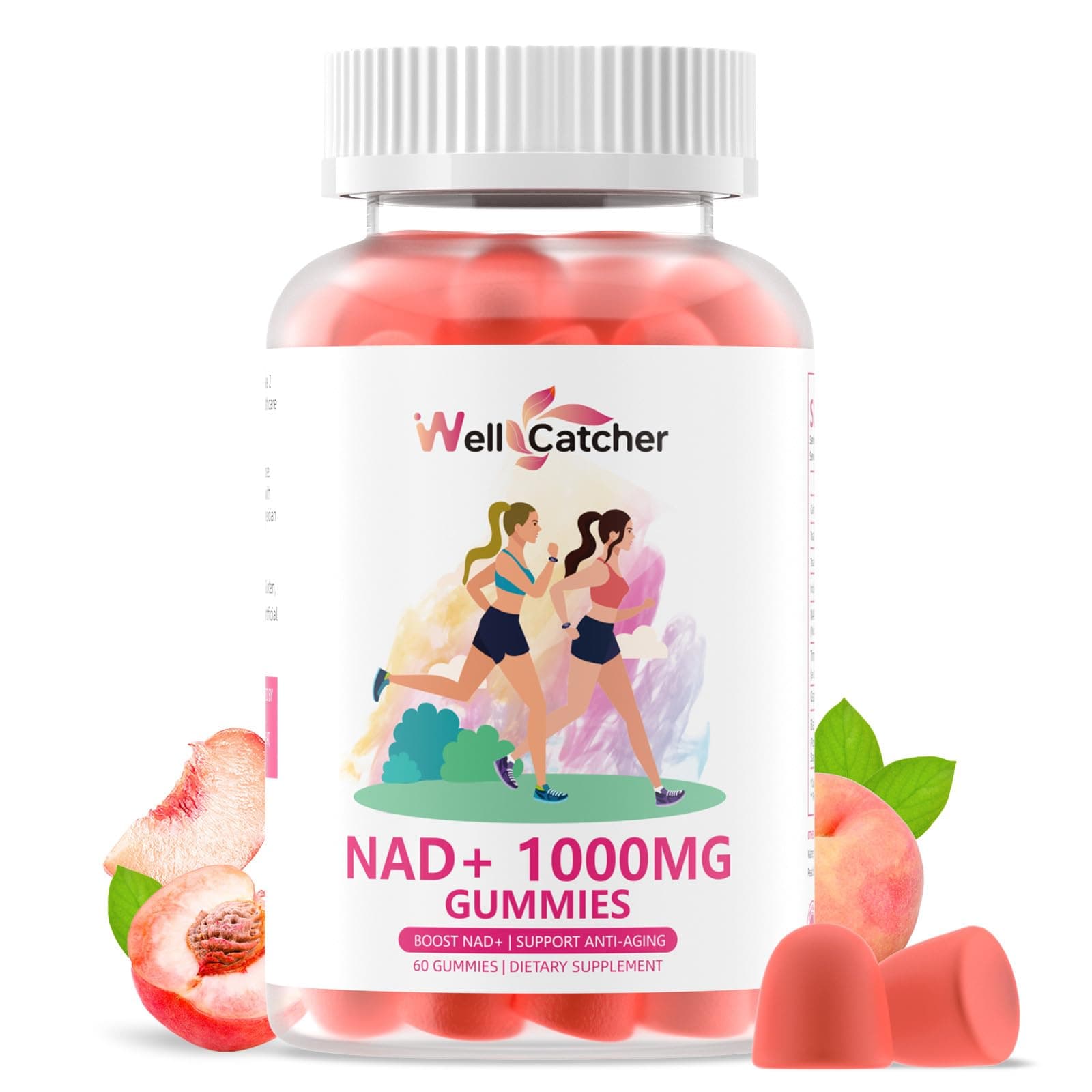 NAD+ Gummies Supplement for Women 1000MG - NAD Plus Gummies for Men Sugar Free Vitamin B3 Niacinamide Pure Organic Boosts NAD Level Anti-Aging Cell Regeneration Energy Brain Peach Flavor 60C