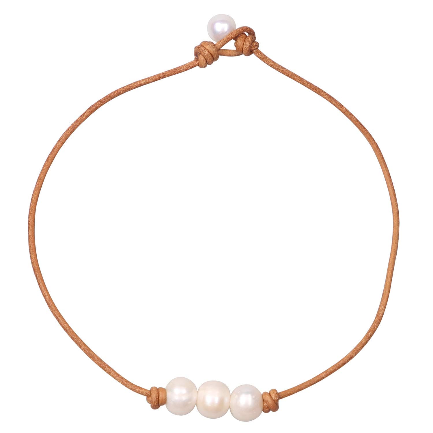 Charming Collection Women White 3 Cultured Freshwater Pearls Choker Necklace on Genuine Leather Cord Knotted Jewelry
