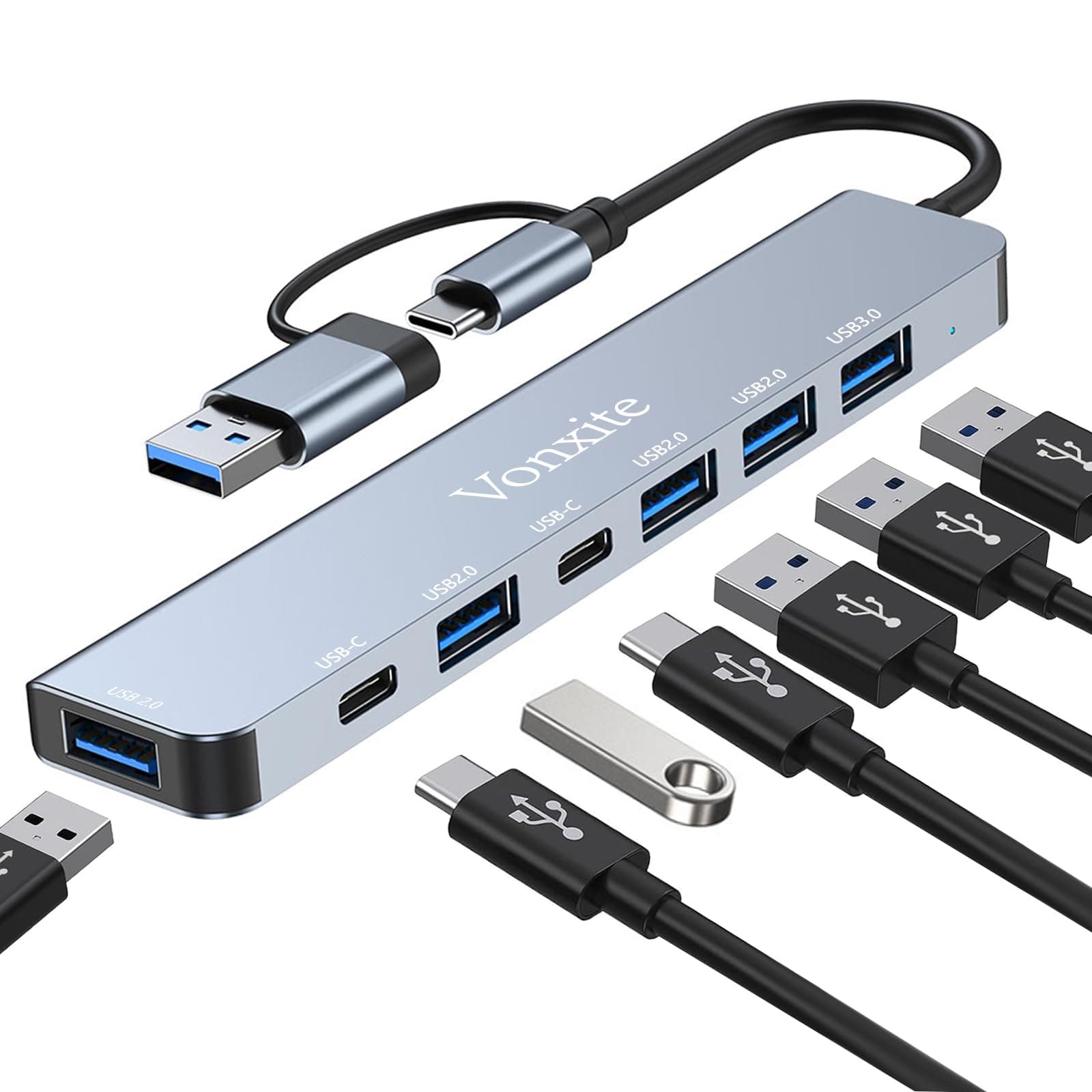 USB C Hub, 7 in 1 USB Hub Multiport Adapter with 2*USB Type C Data Ports, USB 3.0 & 4*USB 2.0, Type C Docking Station, USB C Adapter for MacBook, Windows, Laptops, PS5/PS4/Tablet