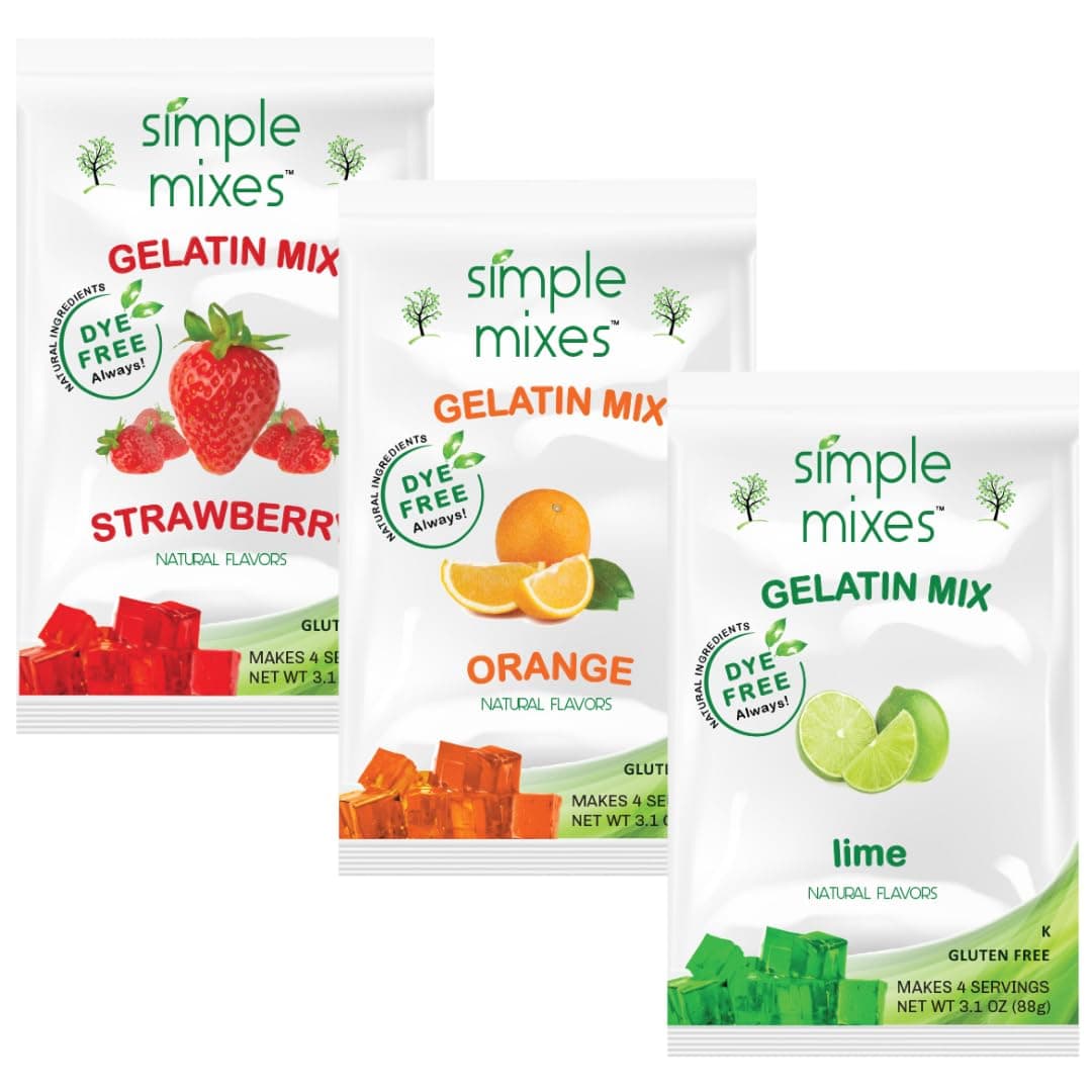 Simple Mixes Natural Gelatin Dessert, Variety Pack, Strawberry, Orange, & Lime, Healthy Snack, Dye-Free, No Gluten or Fat, Kosher, 3 Pack