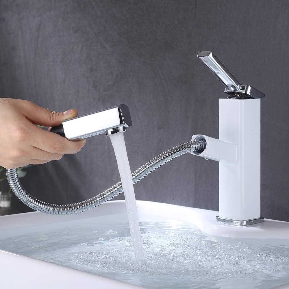 KAIYINGBathroom Sink Faucet with Pull Out Sprayer, Single Handle Basin Mixer Tap for Hot and Cold Water, Pull Down Sink Faucet with Rotating Spout (Regular, Chrome & White)