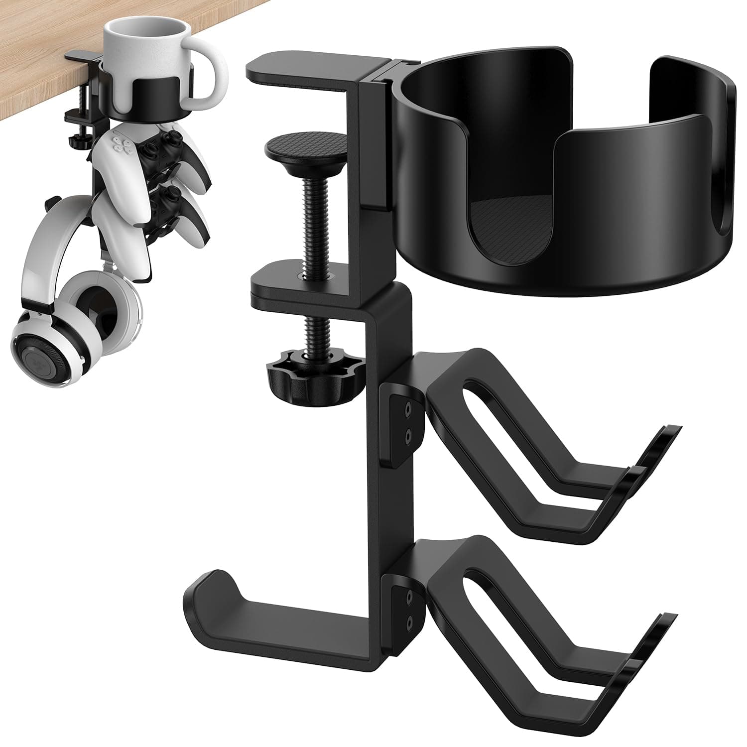 4 in 1 Desk Cup Holder with Headphone Hanger and Controller Stand Gaming Accessories, Universal Adjustable & Rotating Upgraded Arm Clamp for Coffee Mugs, Water Bottles, Headphones, Controller.
