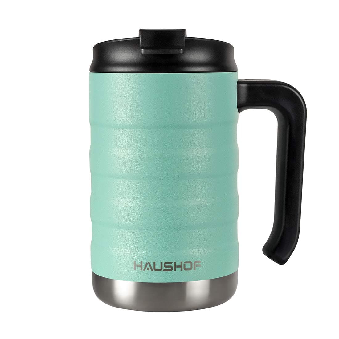 HAUSHOF 16 oz Travel Mug, Stainless Double Wall Vacuum Insulated Tumbler with Handle & Spill Proof Twist On Flip Lid and Wide Mouth, BPA Free