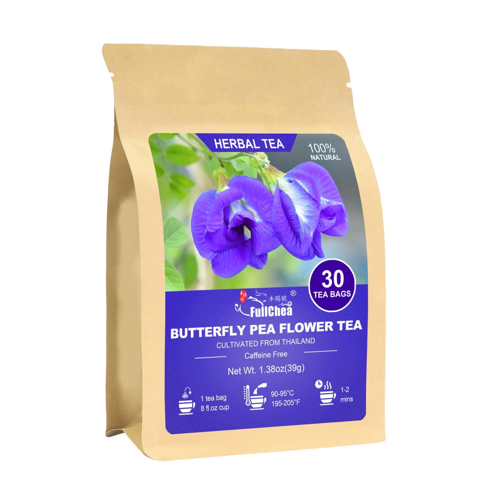 FullChea - Butterfly Pea Flower Tea Bags, 30 Teabags, 1.3g/bag - Premium Dried Butterfly Pea, Cultivated From Thailand - Non-GMO - Caffeine-free - Rich In Antioxidants & Support Eye Health