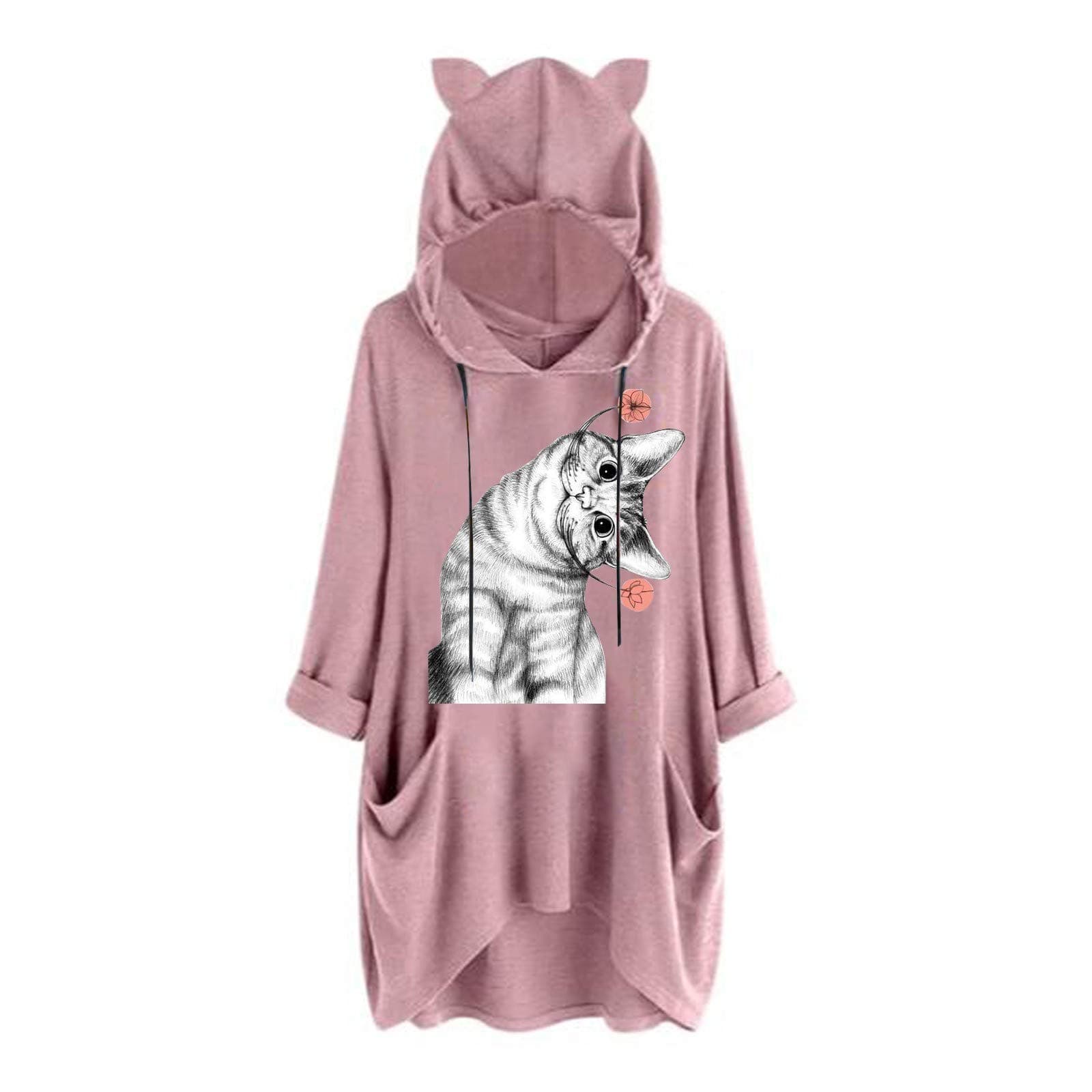 Gofodn Tops for Women Plus Size Hoodies Sweatshirt Jumper Pullover Long Sleeve 2022 New Selling Casual Cat Print Hooded Tunic Top Blouses