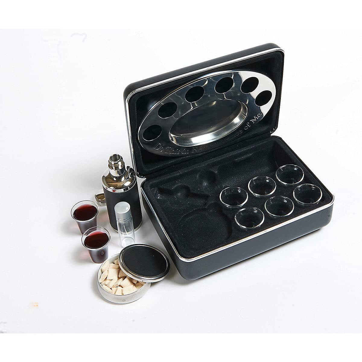 Broadman Church Supplies Legacy Portable Communion Set, 6 Glasses, Stainless Steel Bread Container and Serving Tray, 100ml Juice Container, Anointing Oil Bottle