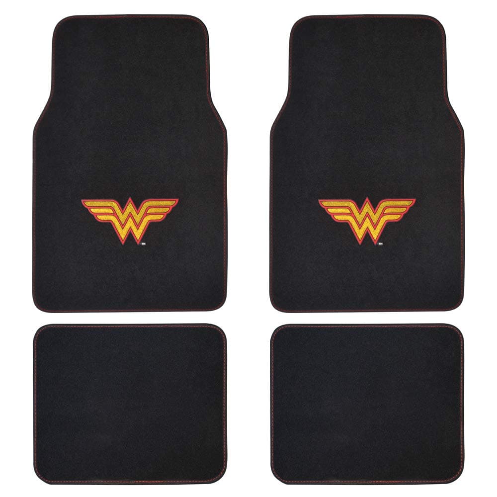 BDK Warner Bros DC Comics Classic Wonder Woman Carpet Floor Mats Car Accessories - 4pc Set Universal Fit for Car Truck Van SUV, Front 26" x 16.5", Rear 14" x 16.5" with No-Slip Grip