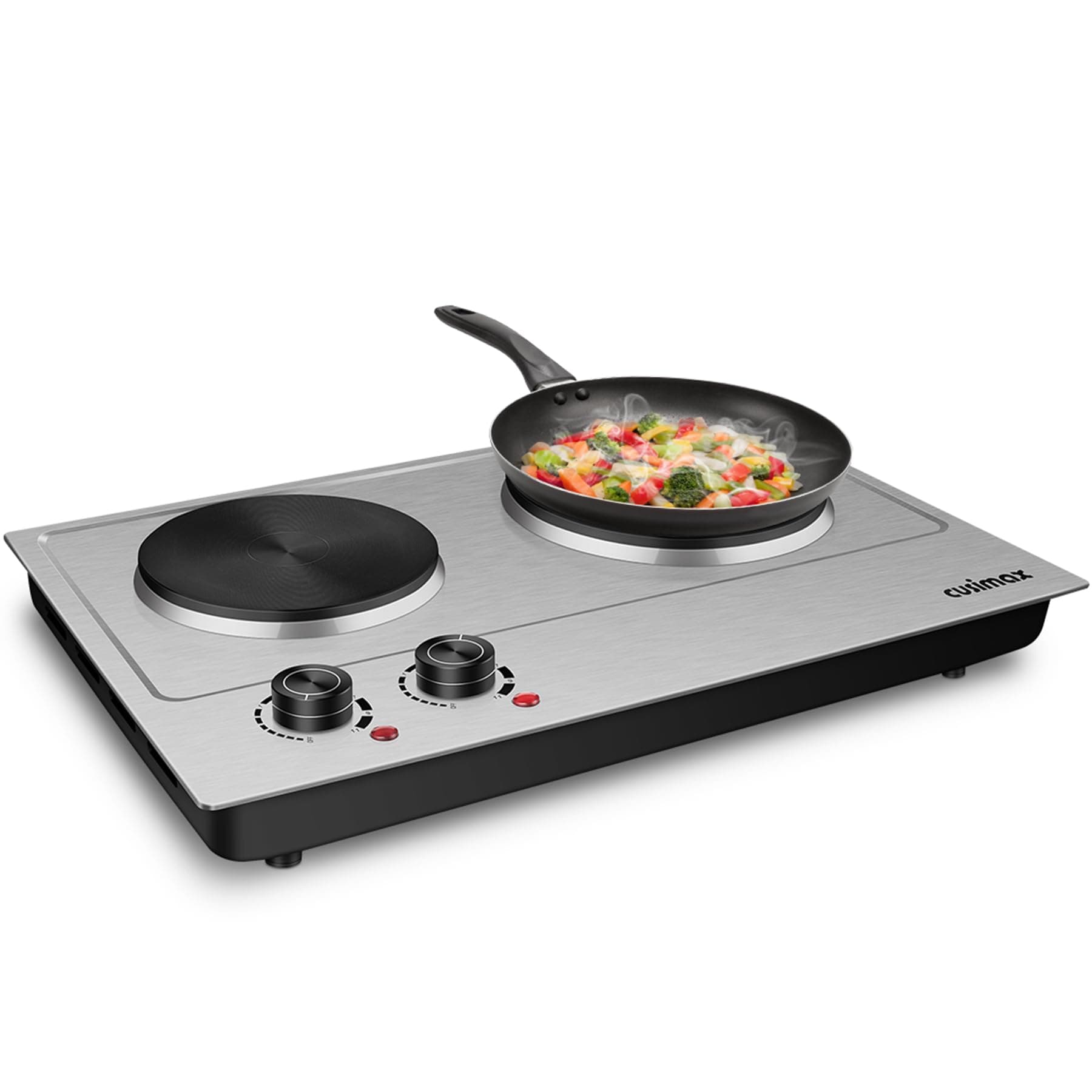 CUSIMAX 1800W Double Hot Plate, Stainless Steel Silver Countertop Burner Portable Electric Double Burners Electric Cast Iron Hot Plates Cooktop, Easy to Clean, Upgraded Version C180N