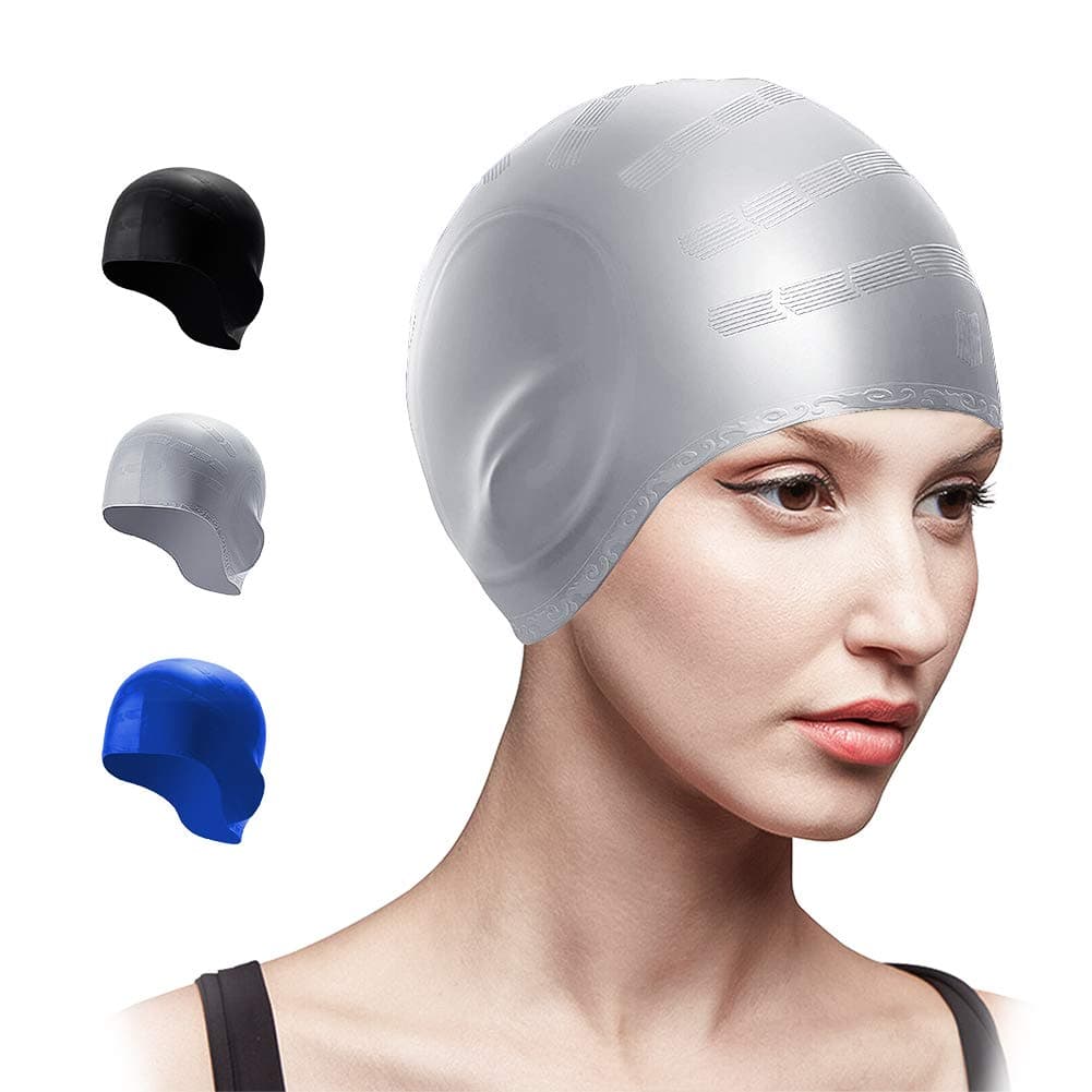Trevoz Swim Cap Cover Ears Women Silicone Swimming Cap for Long Hair Curly/Braids Hair Unisex Adult Kids Swimming Pool Caps with Nose Clip and Ear Plugs