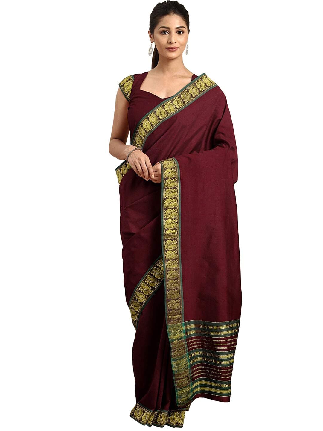 Pavecha's Women's Venkatgiri Cotton Saree With Blouse Piece, Maroon, 5.5 meters