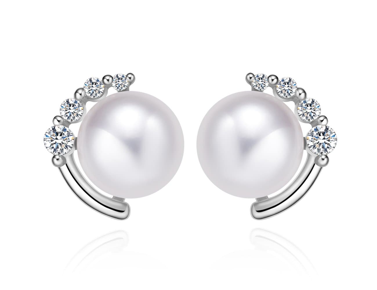 "Moon & Star" Sterling Silver Pearl Earrings Studs Crystal Zircon with 8mm Freshwater Pearl (white gold)
