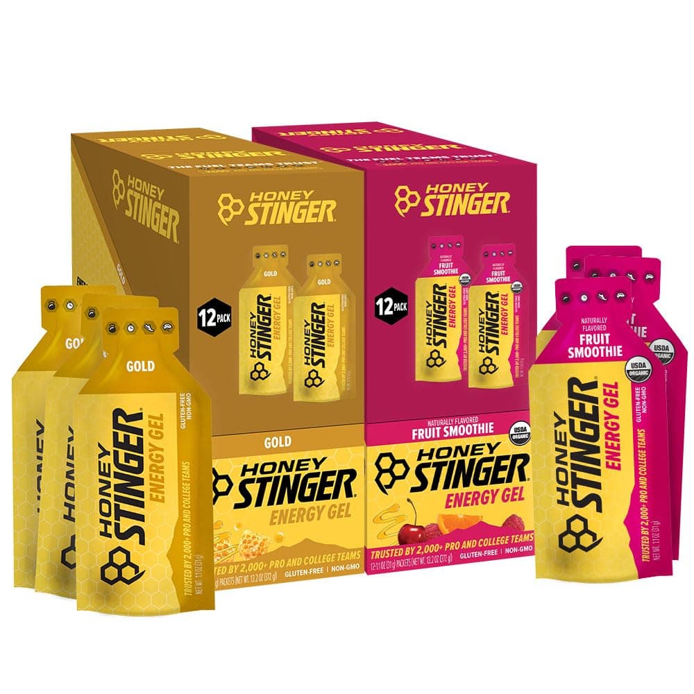 Honey Stinger Energy Gel Variety Pack | 12 Packs Each of Gold and Organic Fruit Smoothie | Gluten Free & Caffeine Free | Sports Nutrition for Home & Gym, Pre and Mid Workout