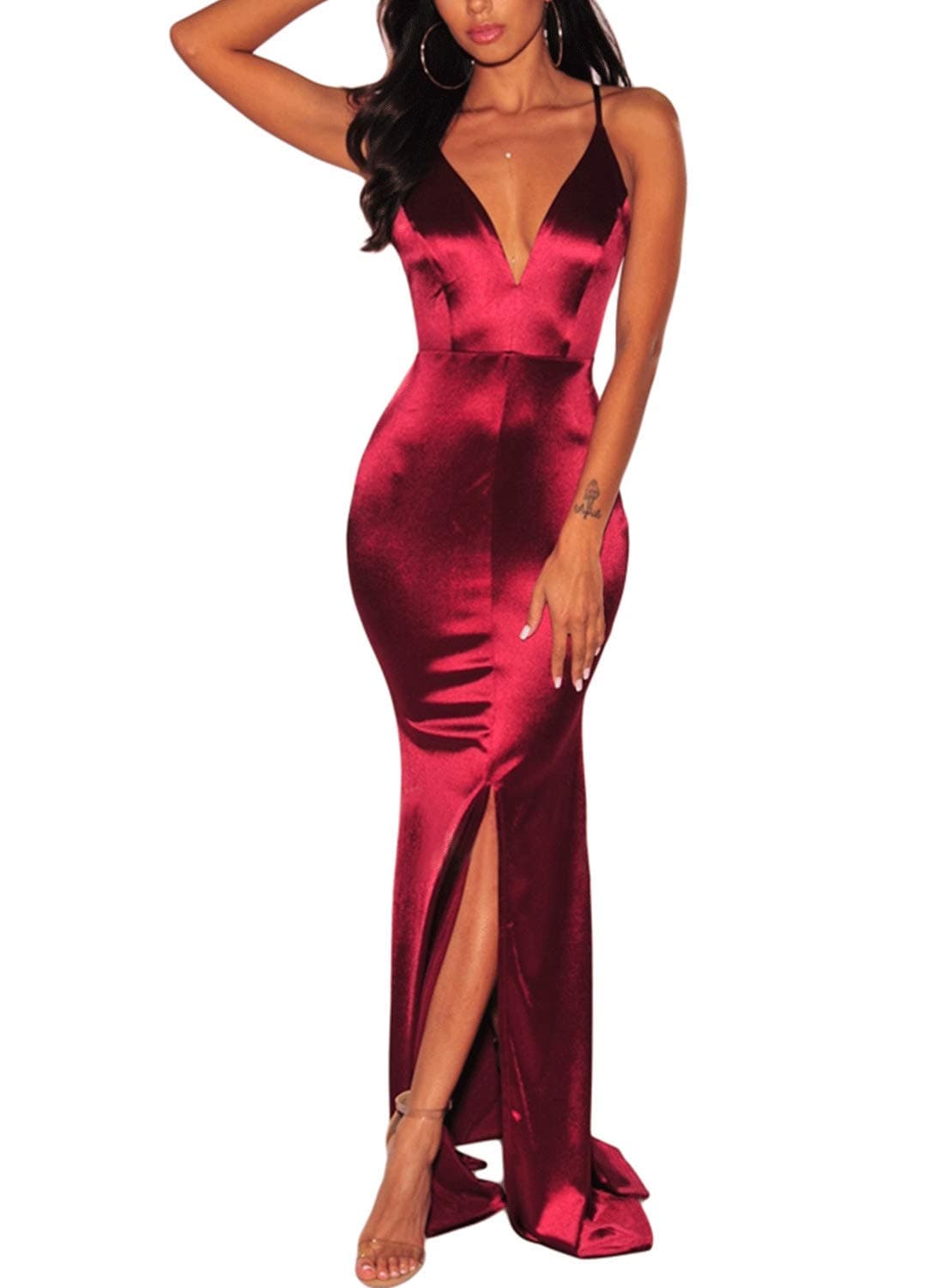 Paitluc Women V Neck Wrap Crisscross Slit Mermaid Maxi Long Evening Party Dress