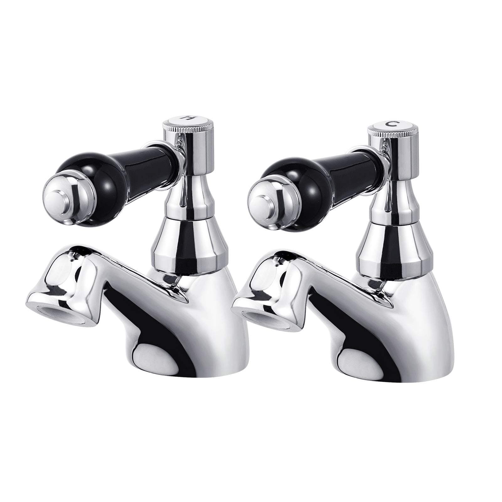Basin Taps in Pair Black Ceramic Lever Bathroom Sink Tap Mixers Chrome Brass Traditional Classic Twin Bathroom Taps