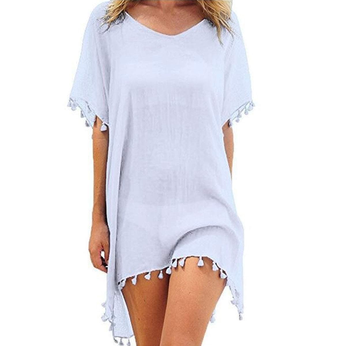 YONHEE Women's Chiffon Tassel Swimsuit Summer Beach Cover Up Swimwear Dress Beachwear (White)