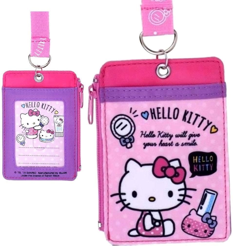 Kawaii Kitty Cat 2-Sided Cash Badge ID Credit Card Case Holder Wallet Lanyard w/ID Window, Front Slot & Zipper Pocket