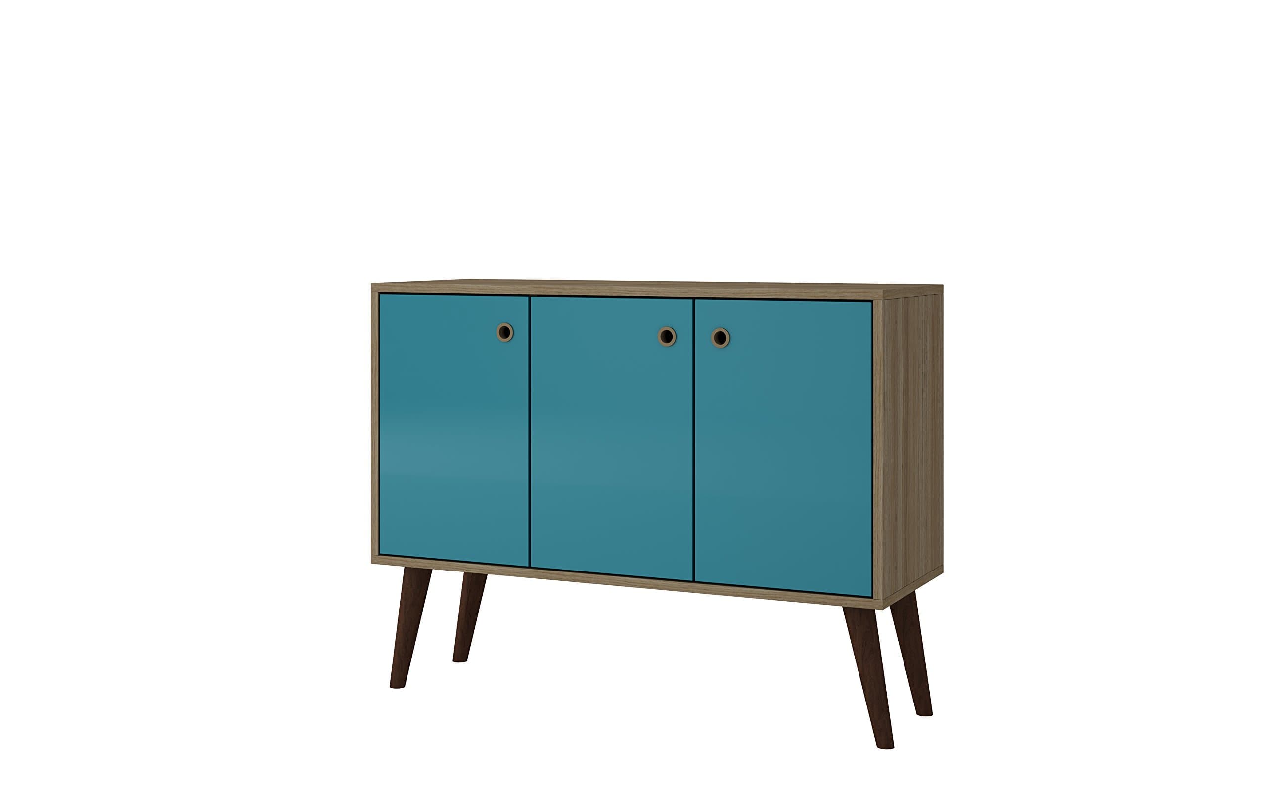 ModHaus Living Mid Century Modern Sideboard TV Stand with e Shelves 2 Doors and Solid Wood Splayed Legs - Includes Pen (Oak and Aqua)
