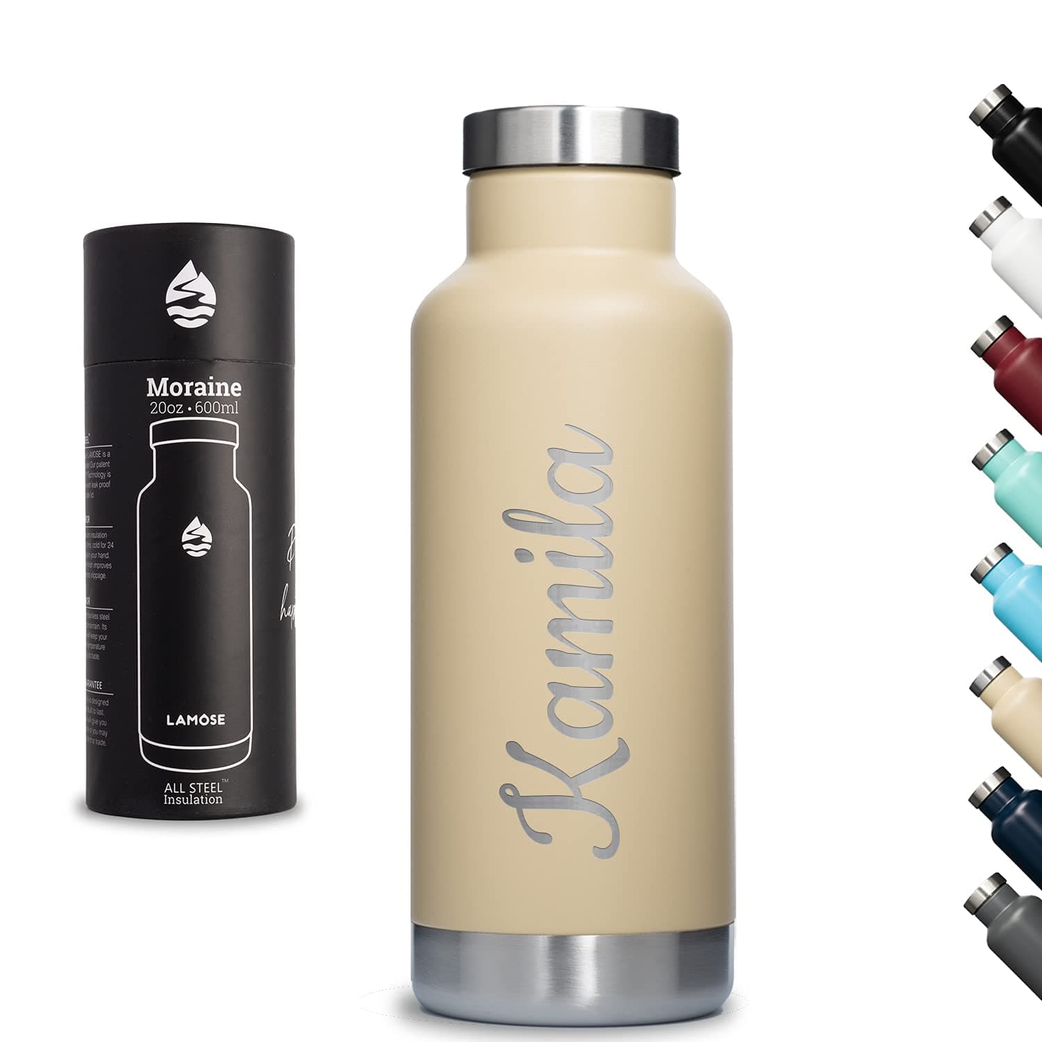 LAMOSE Moraine 20oz Bottle, Stainless Steel, Vacuum Insulated with All Steel Lid (Sand)