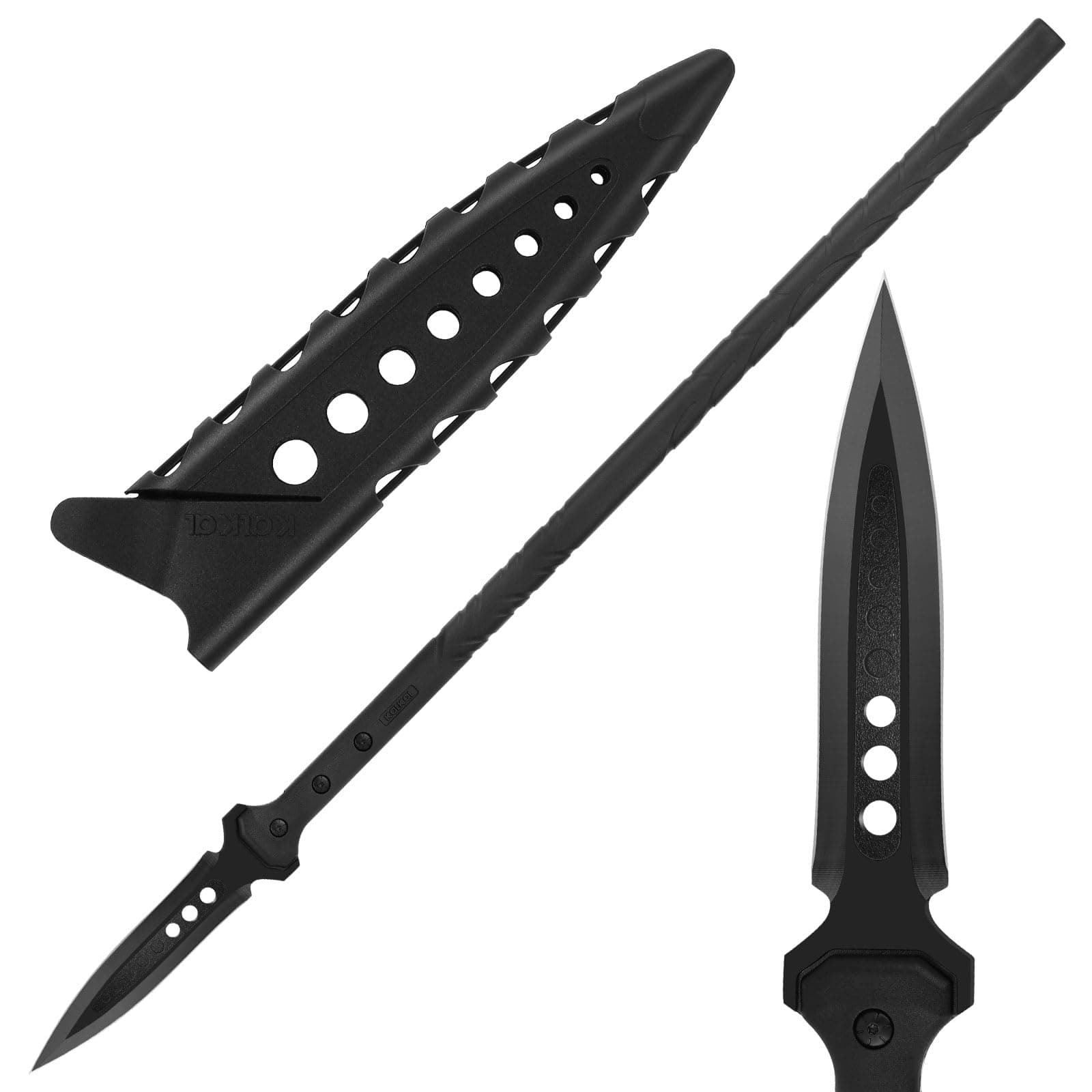 Kalkal Hunting Spear, 2Cr13 Double Edged Stainless Steel Survival Spear, Nylon-Fiberglass Tactical Throwing Spear Handle, Tactical Spear with Secure Sheath for Camping, Outdoor