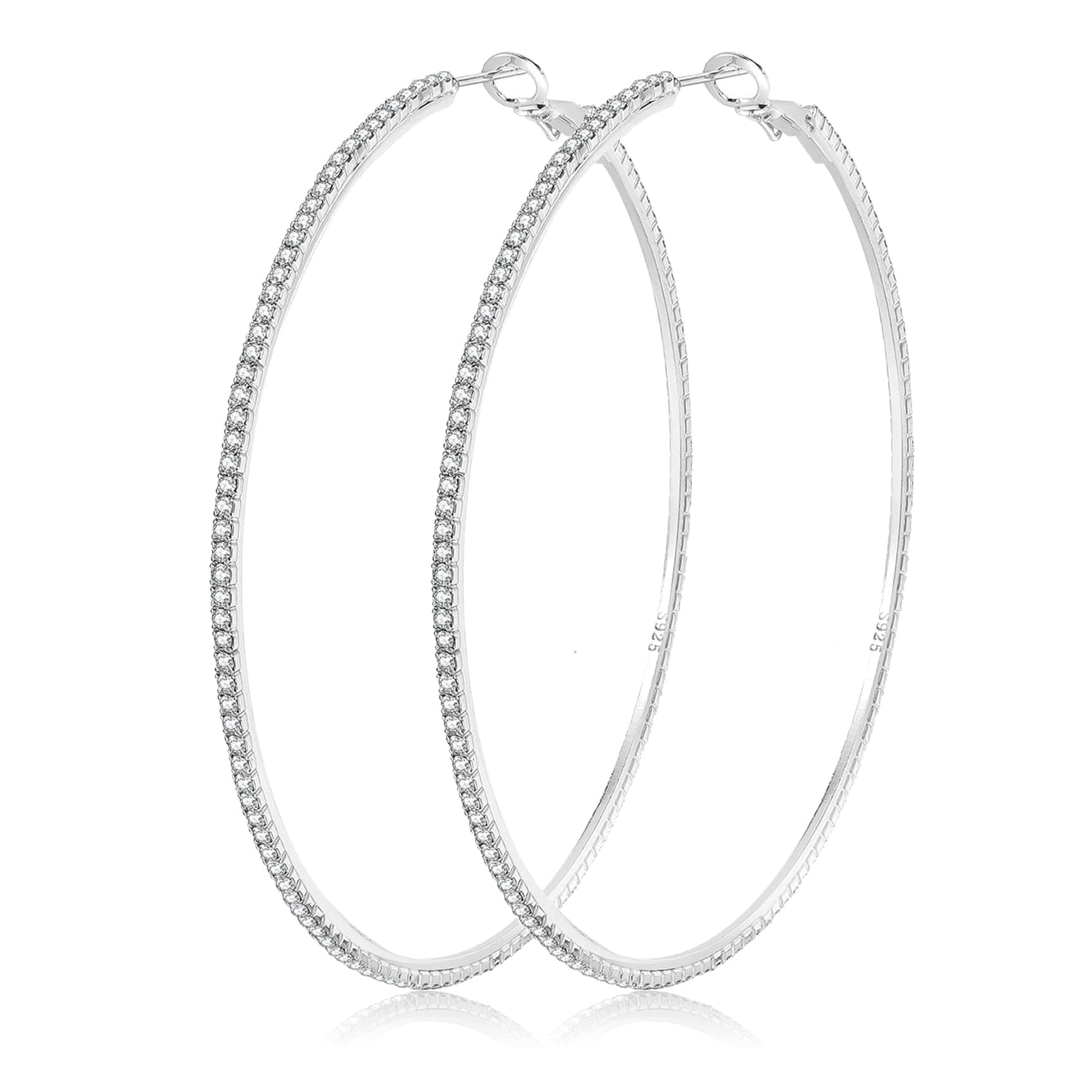 925 Sterling Silver Earrings Large Rhinestone Hoop Earrings Big Cubic Zirconia Hoop Earrings Thin Rhinestones Round Hoop Earrings for Women 20/30/40/50/60/70mm Sparkly Hoops With Crystals for Womens