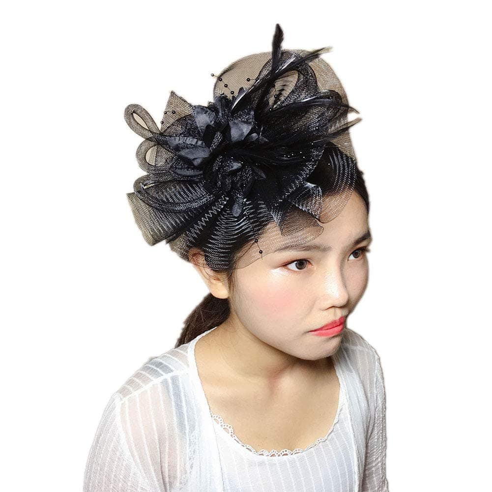 YSJOY Womens Feather Veil Mesh Flower Fascinator Bridal Wedding Hat