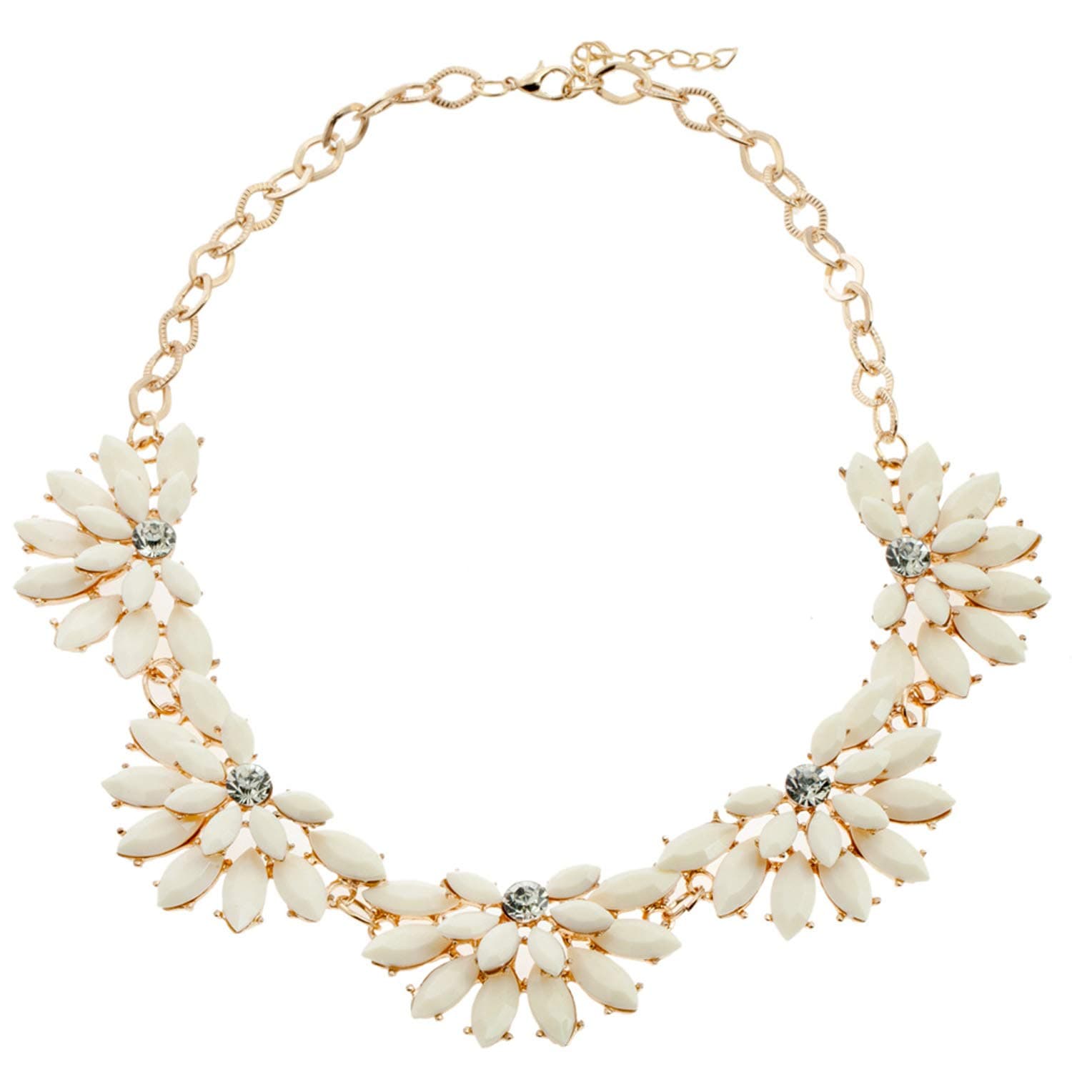 Elegant Ornate Golden Lavaliere Necklace With Half Flowers Blooms Shaped Decorations Inlaid With White Tear Drop Shaped Beads/Pearls And Studded With Clear Crystals/Rhinestones/Gemstones By VAGA