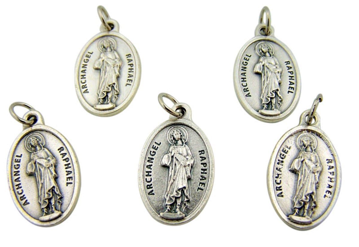 Lot of 5 Archangel Saint St Raphael 1 Inch Silver Tone Pray for Us Medal
